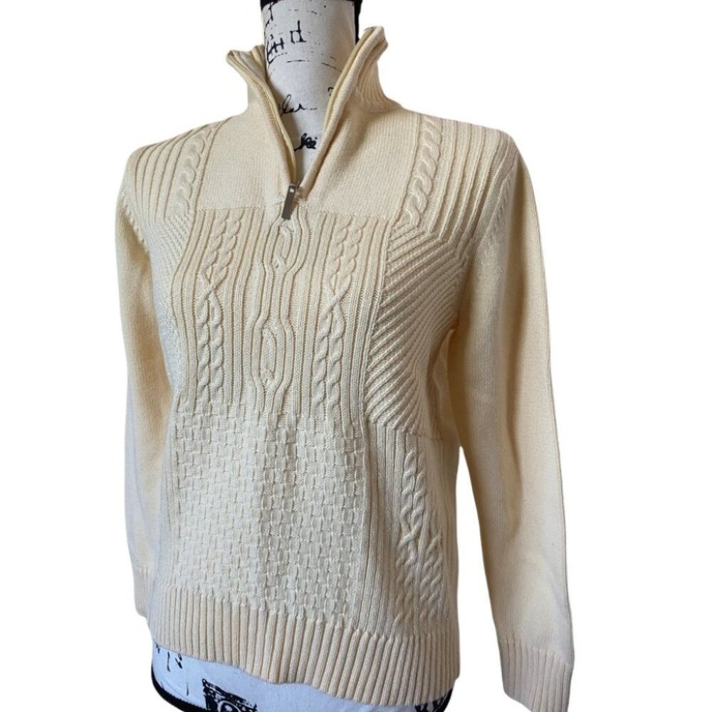 Vintage Karen Scott Sweater Ivory Cotton Cable Knit 3/4 Zip Mock Neck Pullover 6